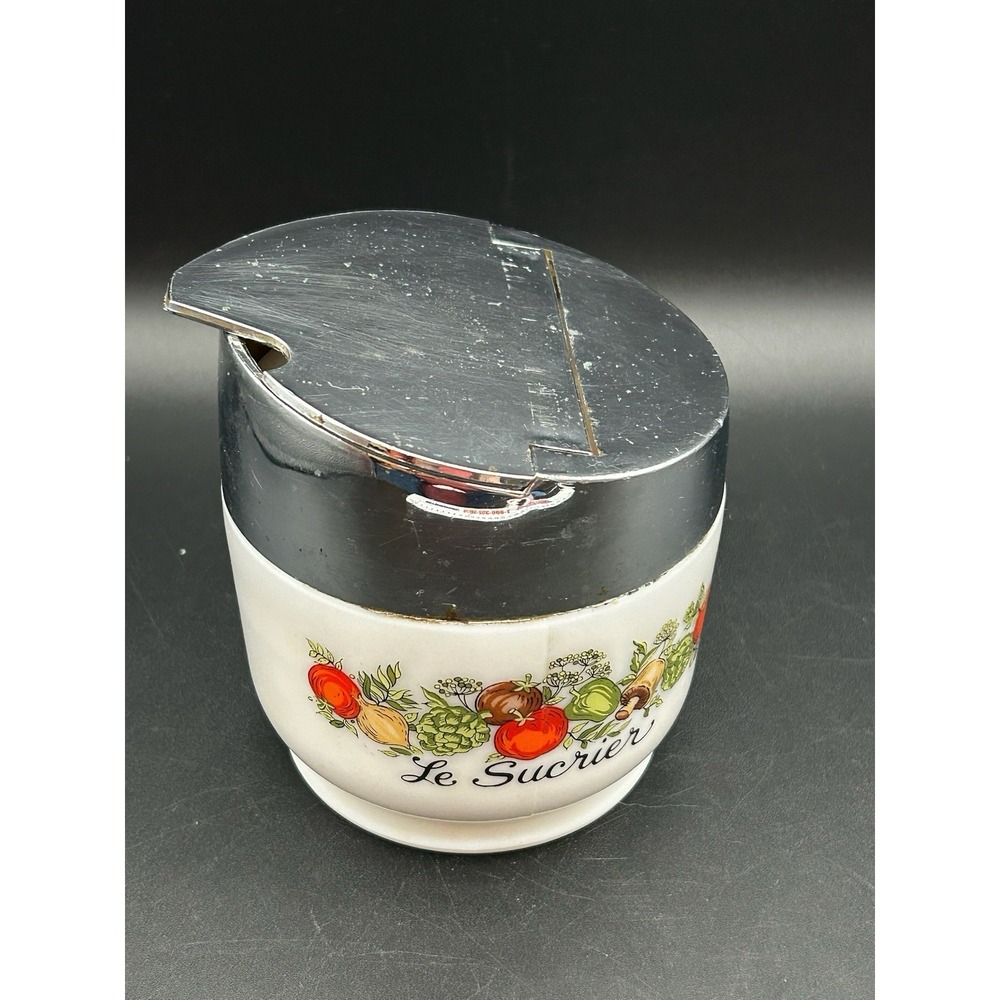 VTG Gemco Spice of Life Le Sucrier Milk Glass Sugar Bowl Chrome Flip Lid USA
